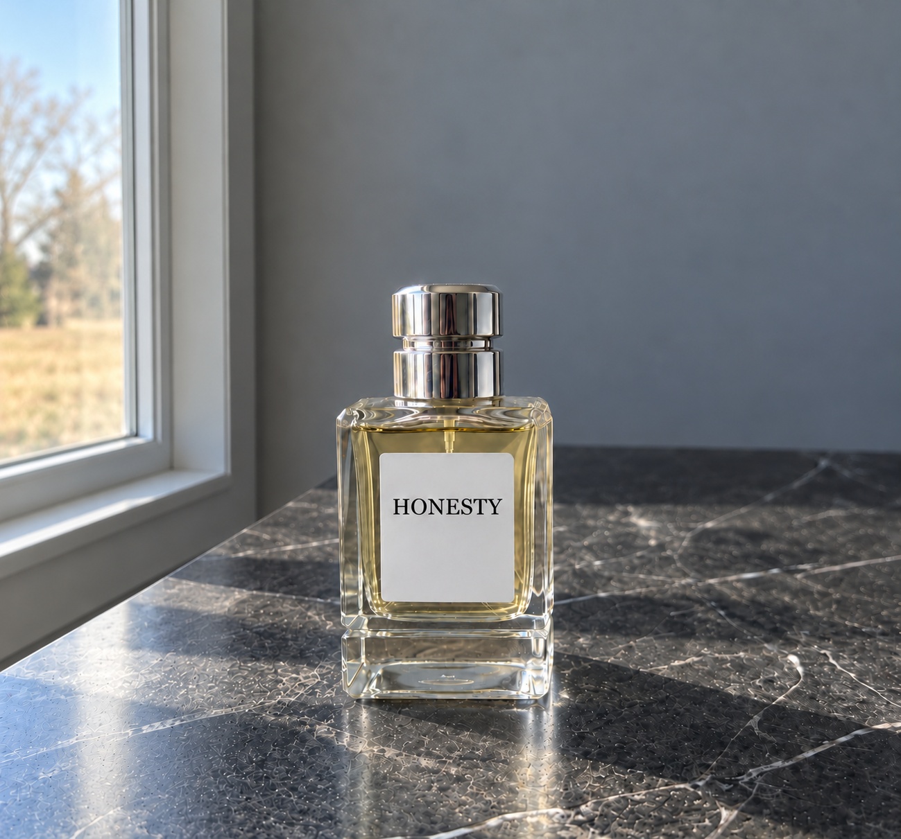The HONESTY 50ml bottle — clear glass with a silver cap on dark marble beside a window, its sticker reading only HONESTY